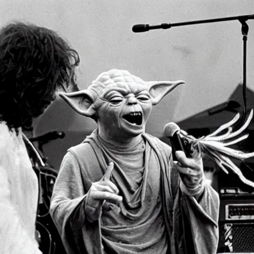 Image similar to yoda performing at woodstock