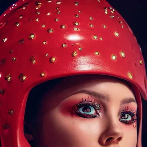 Image similar to close up of a female fashion model in year 3000 in a cave, model wearing a surreal Avant-garde helmet in red, dramatic lighting,photography , official Versace editorial , highly detailed