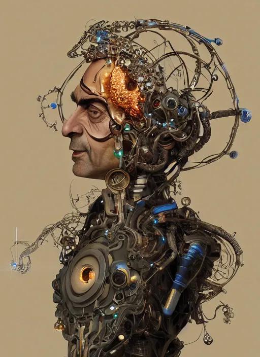 Image similar to mr bean as a organic cyborg, diffuse lighting, fantasy, intricate, elegant, highly detailed, lifelike, photorealistic, digital painting, artstation, illustration, concept art, smooth, sharp focus, art by john collier and albert aublet and krenz cushart and artem demura and alphonse mucha