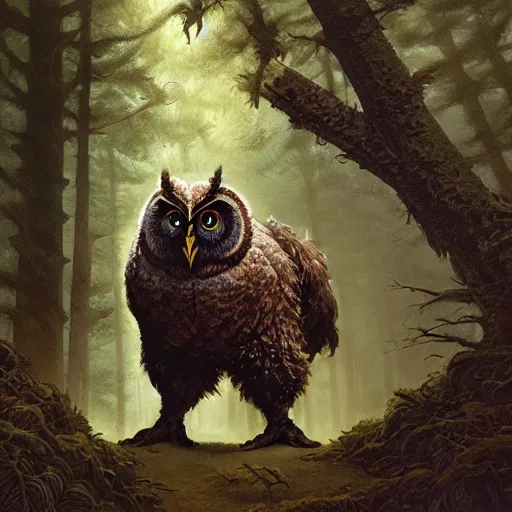 Image similar to three quarter portrait of an owlbear in the forest, d & d, fantasy, greg rutkowski, frank frazetta, alexandre chaudret, boris vallejo, michael whelan, miro petrov, hr giger, magali villeneuve, donato giancola