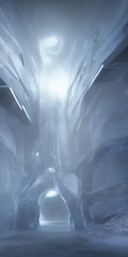 Prompt: interdimensional galaxy portal covered in frost, zaha hadid hyader alive, ice gate, volumetric light, volumetric fog, unreal engine, photorealistic, 8 k