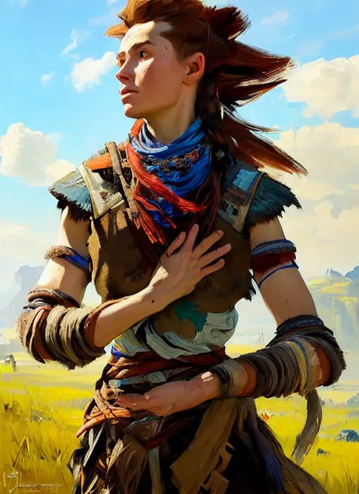 Image similar to portrait of a eastern european Aloy from Horizon Zero Dawn in the style of Apex Legends practicing, countryside, calm, fantasy character portrait, dynamic pose, above view, sunny day, clouds in the sky, artwork by Jeremy Lipkin and Giuseppe Dangelico Pino and Michael Garmash and Rob Rey and Greg Manchess, very coherent asymmetrical artwork, sharp edges, perfect face, simple form, 100mm