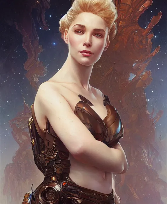 Image similar to portrait of a scifi woman, half body, d & d, fantasy, intricate, elegant, highly detailed, digital painting, artstation, concept art, art by artgerm and greg rutkowski and alphonse mucha, boris vallejo