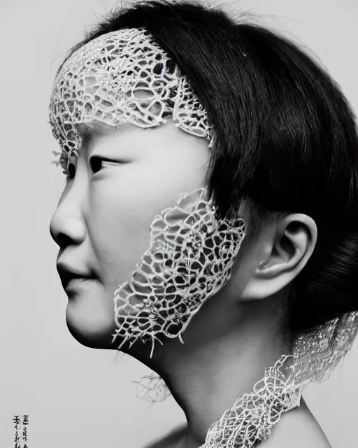 Image similar to a chinese woman's face in profile, made of intricate lace skeleton, in the style of the dutch masters and gregory crewdson, dark and moody