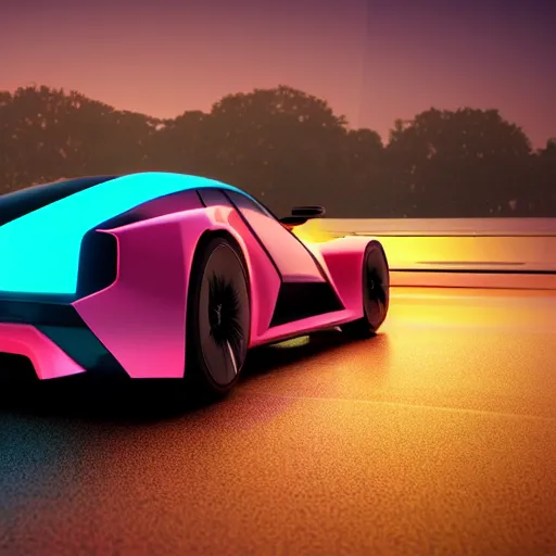 Prompt: neon synthwave f 1 2 2 concept car, at sunset, 8 k. filling most of the view