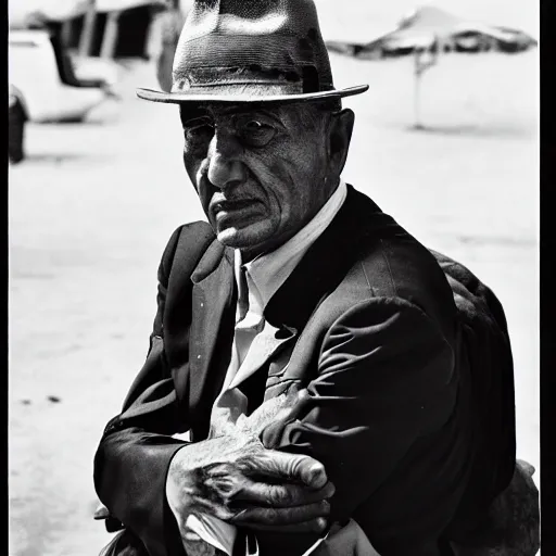 Prompt: black and white photo, portrait of Brasilian mafia gangster boss by sebastiao salgado, realistic, Leica, medium format, cinematic lighting, parallax, high resolution,