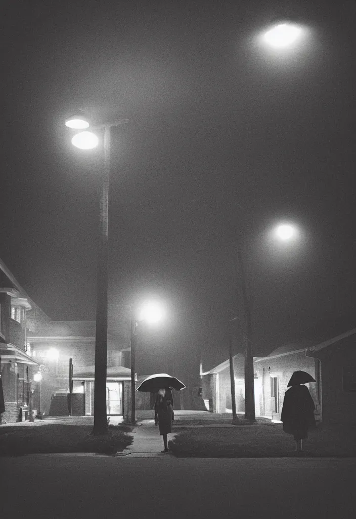 Image similar to “ quiet american neighborhood at night, a woman waiting with a black umbrella, photography in the style of gregory crewdson, mist, rule of thirds ”