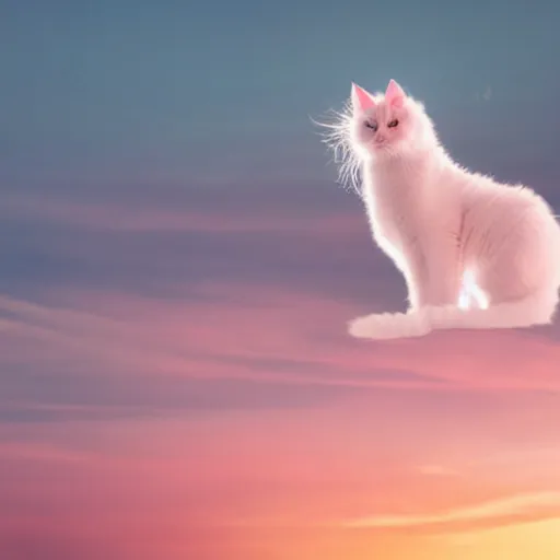 Prompt: a white fluffy cat sitting on a light purple cloud, pastel pink sky, beautiful lighting, magical