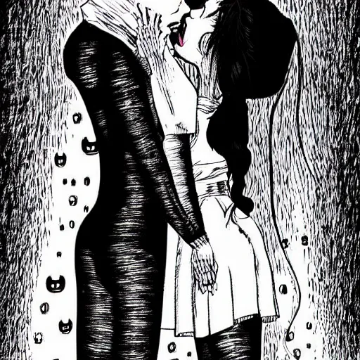 Prompt: two monstrous women kissing each other with long spiraling lips, eldritch abomination, horror manga illustration by junji ito, key visual, monochromatic