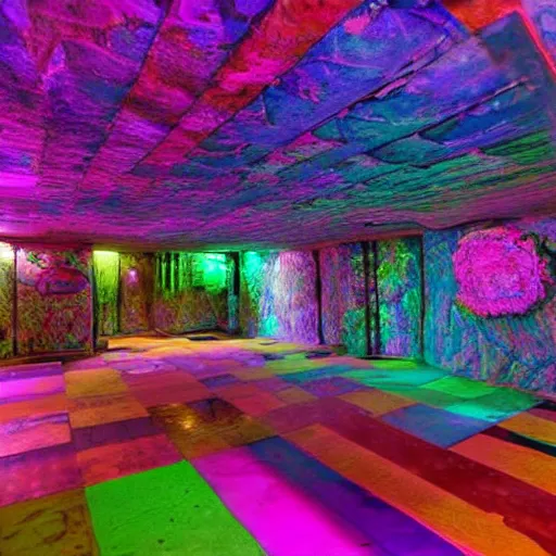 Prompt: psychadelic dmt large basement, perfect for smoking dmt, photograph 4k