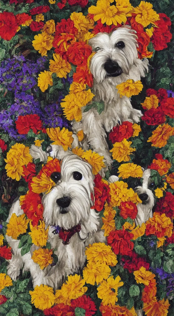 Prompt: portrait of a cream colored havanese dog dressed as an aztec, with a bouquet of marigolds, mexico, painting by diego rivera realism aztec modernism 1 9 3 5