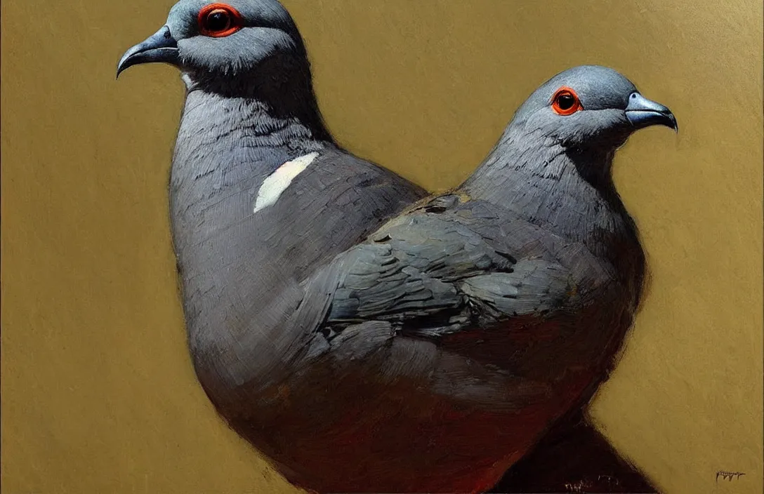 Prompt: portrait of a street pigeon!!!!!!!!!!!!!!!!!!!!!!!!!!!, detailed face, detailed painting, epic lighting, by ilya repin, phil hale and kent williams