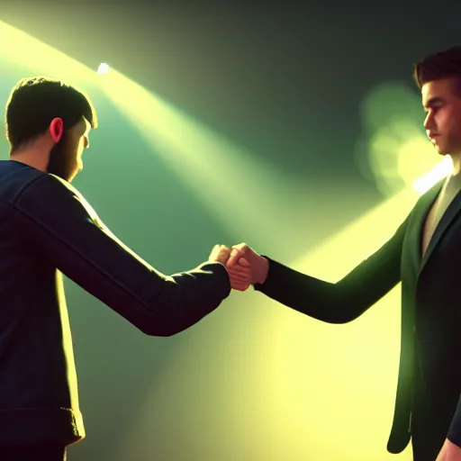 Image similar to two man giving a handshake and petting each other on the shoulder ultra realistic, lens flare, atmosphere, glow, detailed, intricate, full of colour, cinematic lighting, trending on artstation, 4 k, hyperrealistic, focused, extreme details, unreal engine 5, cinematic, masterpiece, ultra realistic, hyper realistic, highly detailed, sharp focus, digital art