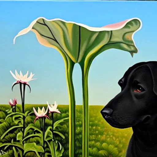 Prompt: oil painting of datura strammonium flowers with a vicious black dog in the foreground