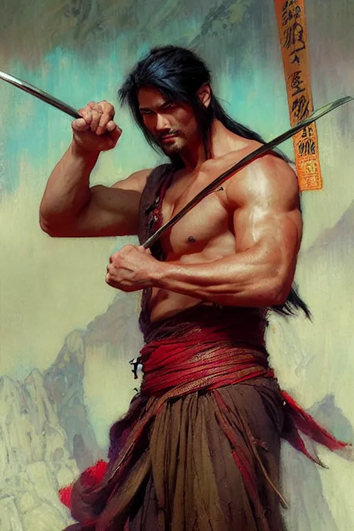 Image similar to wuxia, attractive beefy man, character design, colorful, painting by gaston bussiere, craig mullins, greg rutkowski, j. c. leyendecker