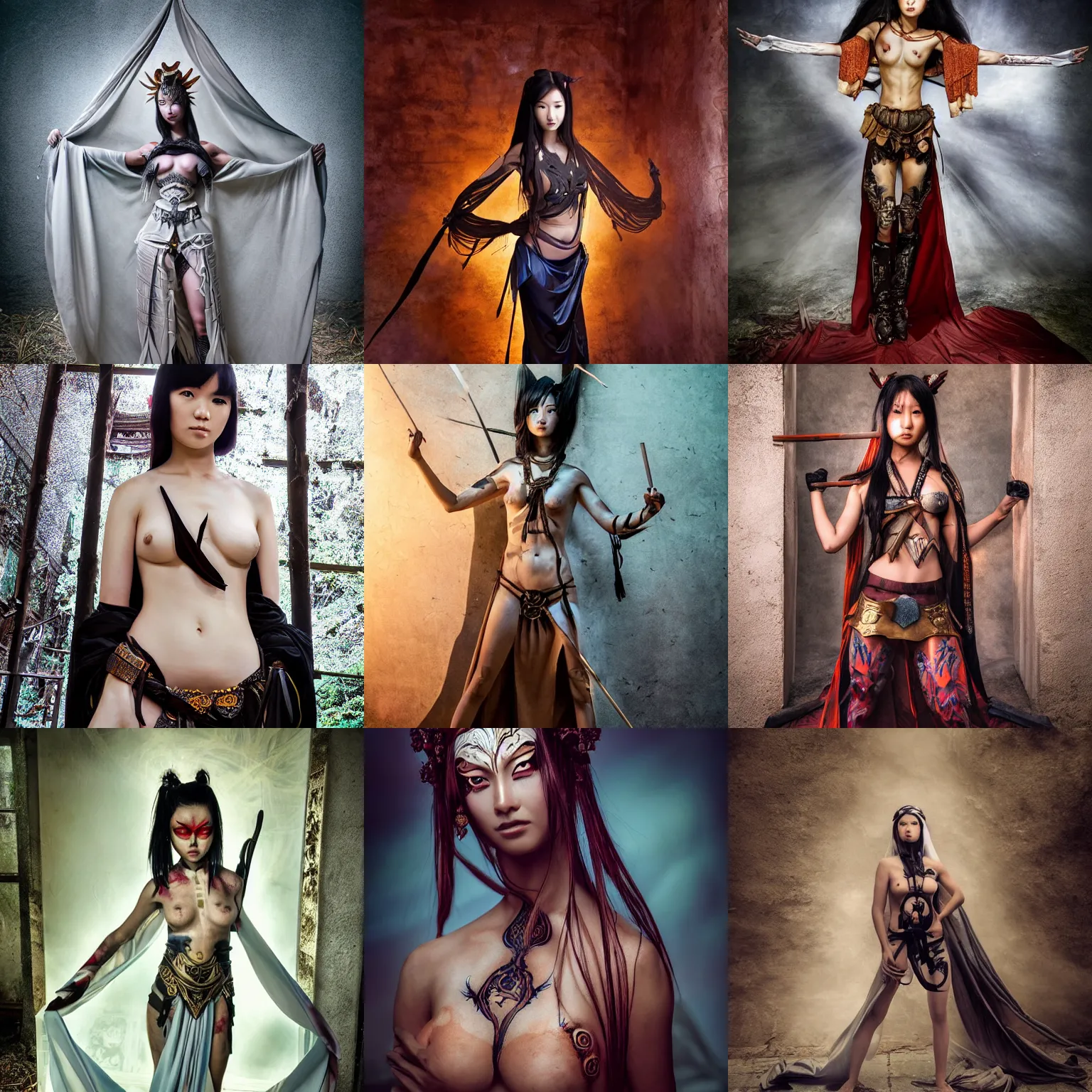 Prompt: Beautiful full body painting of beautiful warrior woman by Pan_Ren_Wei and Hongkun_st, crepuscular rays, in abandoned ninja temple, dapped light, large draped cloth, tissue ornement, dark fantasy, symmetrical face two identical symmetrical eyes, feminine figure, smooth skin, gorgeous, pretty face, beautiful fashion model body, high detail, hyper realistic, cgsociety, 8K resolution, 8k render, trending on artstation