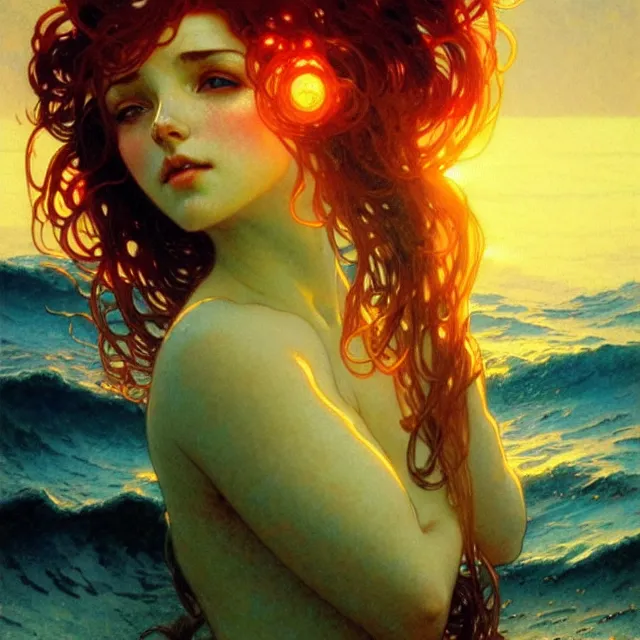 Prompt: ocean waves of glossy liquid honey drops flowing like psychedelic translucent amber, lsd waves, lsd ripples, backlit, sunset, refracted lighting, art by collier, albert aublet, krenz cushart, artem demura, alphonse mucha