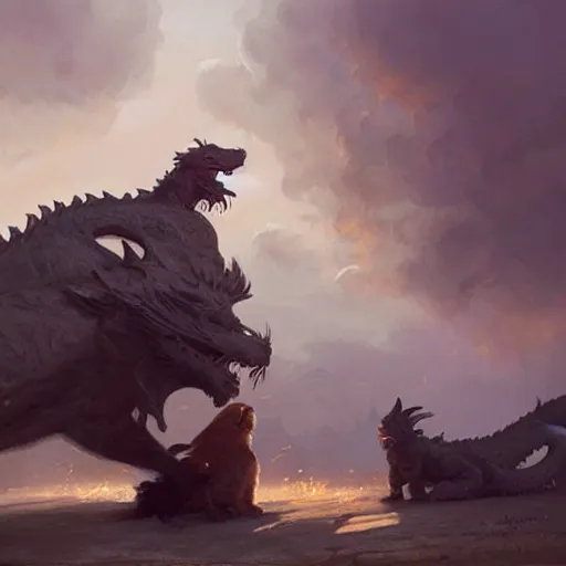 Prompt: the side view of a dog, a little terrier, touching his nose to the nose of a huge dragon, beautiful fantasy painting by greg rutkowski