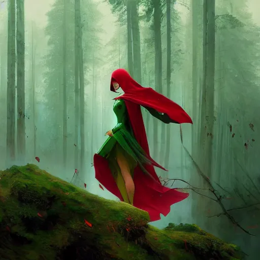 Prompt: epic portrait an beautiful woman wearing green cape with a hood on, armor, goddess, wet flowing red hair, forest blurry backround, broad light, ambient occlusion, volumetric light effect, made by ivan aivazovsky, peter mohrbacher, greg rutkowski, matte painting, trending on artstation, 4 k, perfectly defined features, digital painting,