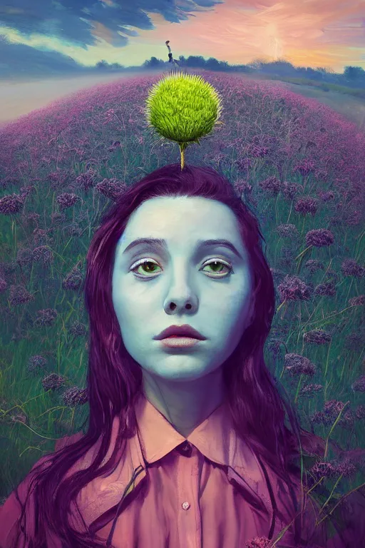 Image similar to portrait, enormous thistle flower under the head, a girl in a suit in field of flowers, surreal photography, sunrise, blue sky, dramatic light, impressionist painting, digital painting, artstation, simon stalenhag