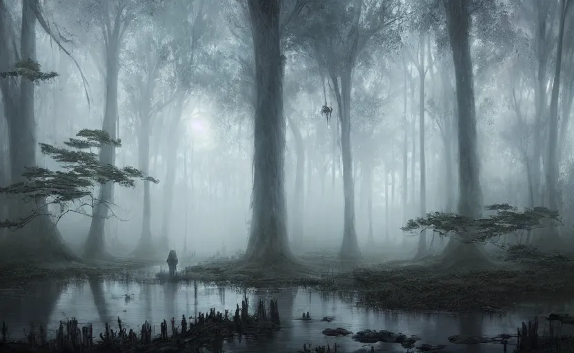 Prompt: an eerie gray swamp, foggy, slimy trees, murky water, distant lights in the fog, fantasy digital painting, stunning intricate details, artwork by ross tran and greg rutkowski