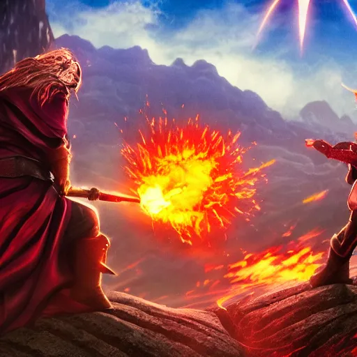 Image similar to epic battle between two wizards, lava in the background, cinematic, establishing shot