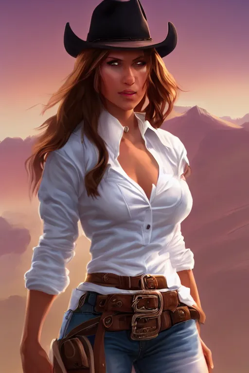 Prompt: full body, female cowgirl, perfect face, white blouse, holster, 8 k, magic the gathering, desert, d & d, artstation, high detail, smooth, muscular