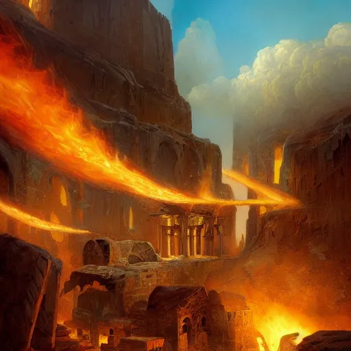 Image similar to digital art of fire and hail destroy a 4000BC middle eastern town by andreas rocha and john howe, and Martin Johnson Heade, featured on artstation, featured on behance, golden ratio, f32, well composed, cohesive