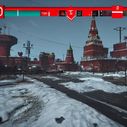 Prompt: Moscow Red Square post-nuclear war in the snow in Fallout 4, in game screenshot