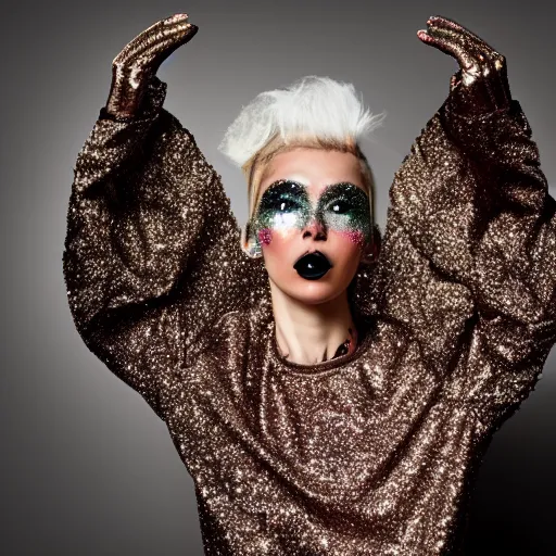 Prompt: bizarre fashion photo shoot, glitter, metallic, fuzzy, texture