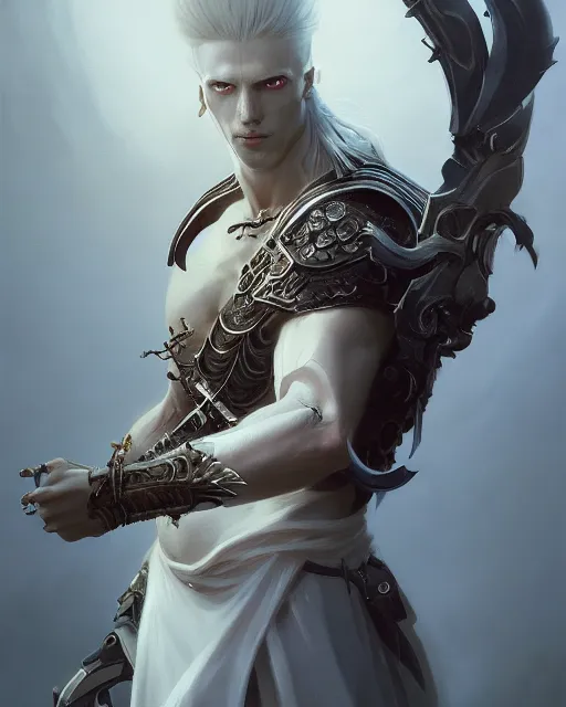 Prompt: male portrait, handsome, detailed white long hair, intricate assasin armor, by ilya kuvshinov, peter mohrbacher, greg rutkowski, ryohei hase, dramatic lighting, intricate, highly detailed, diablo 3, sharp focus, luminous, blender, deviant art, masterpiece, ray tracing