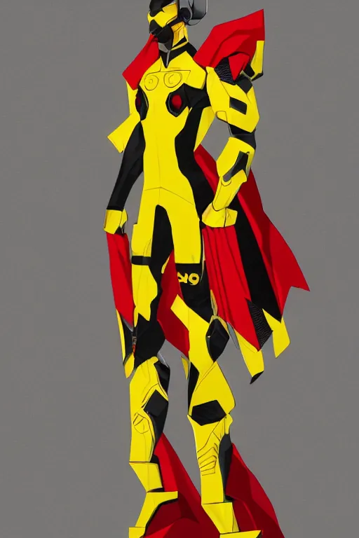 Prompt: a full body portrait of a hero concept he is wearing a yellow, red and black suit, concept art, trending on artstation, very detailed,