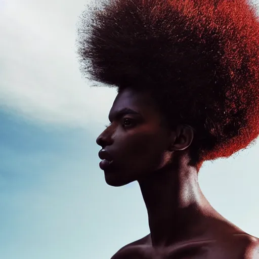 Prompt: close up of head of a black fashion model with large afro at the edge of active etna vulcan, official valentino editorial, highly detailed