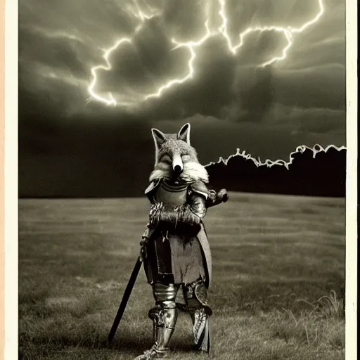 Prompt: anthropomorphic fox!! who is a medieval knight holding a sword towards a stormy thundercloud [ 1 9 3 0 s film still ], castle,, in the background