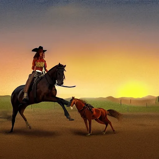 Prompt: a dodgy cowgirl wrangles her horse in a dusty old town in the old west, jumpy horses in the nearby hills, a sunset over the range, digital art