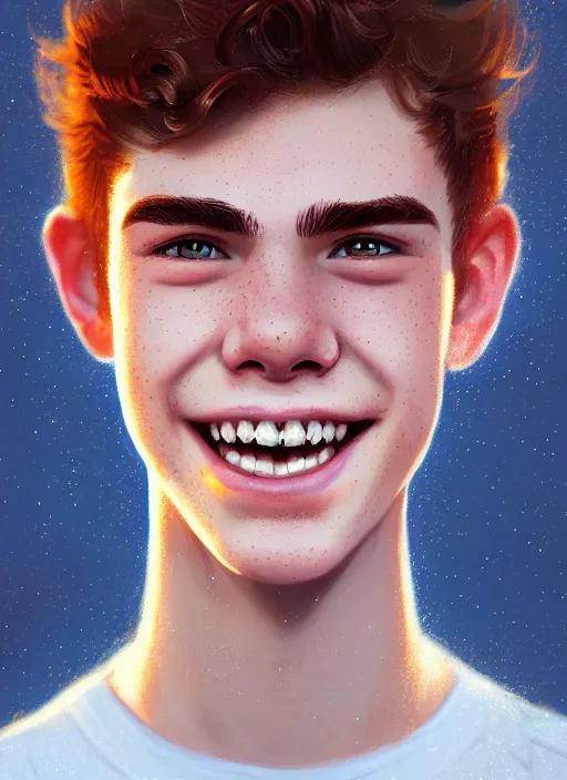 Image similar to portrait of teenage archie andrews, freckles, curly middle part haircut, curly hair, smiling kindly, intricate, elegant, glowing lights, highly detailed, digital painting, artstation, concept art, smooth, sharp focus, illustration, art by wlop, mars ravelo and greg rutkowski