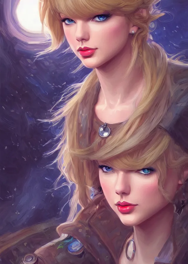 Prompt: portrait of taylor swift as marle from chrono trigger, elegant, flat lighting, intricate, highly detailed, digital painting, artstation, concept art, smooth, sharp focus, illustration, closeup, misa amane, art by simon bisley and greg rutkowski and alphonse mucha