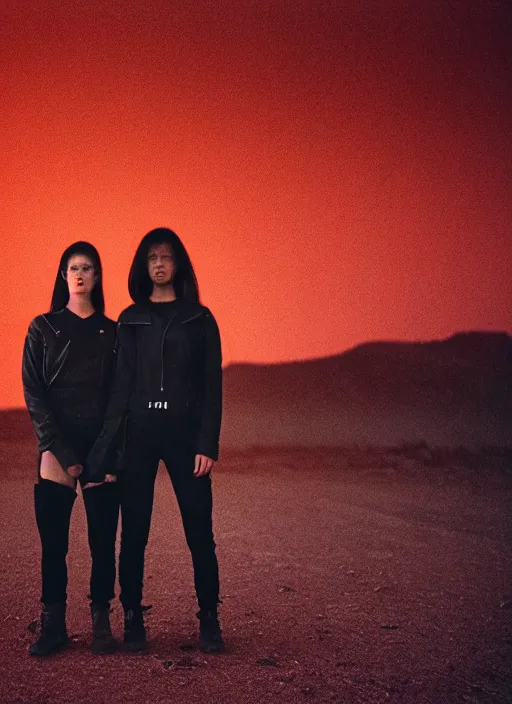 Image similar to cinestill 5 0 d photographic portrait of two loving female androids wearing rugged black techwear on a desolate plain with a red sky, extreme closeup, lizard on ground, cyberpunk style, in front of a brutalist dark metal facility, dust storm, 8 k, hd, high resolution, 3 5 mm, f / 3 2, realistic faces