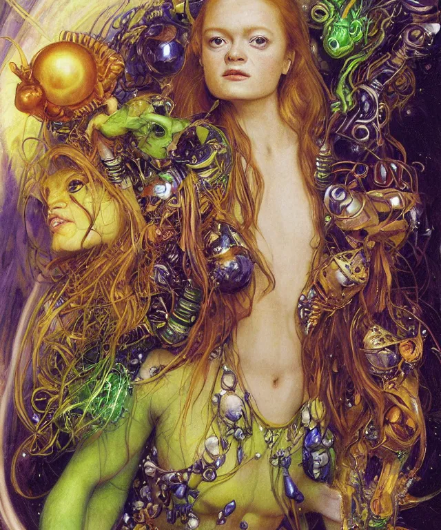 Prompt: a portrait photograph of sadie sink as an alien super villian with shiny colorful skin and yellow eyes. she is trying on a bulbous shiny organic dress and being transformed into an animal by magic. by donato giancola, hans holbein, walton ford, gaston bussiere, peter mohrbacher and brian froud. 8 k, cgsociety, fashion editorial