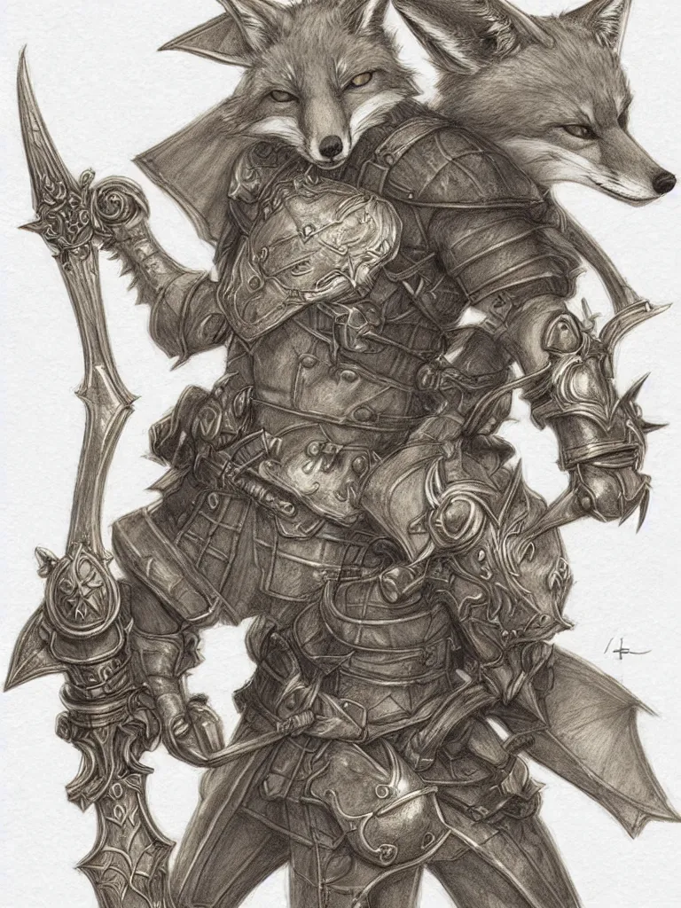 Image similar to heroic character design of anthropomorphic fox, whimsical fox, portrait, holy crusader medieval, final fantasy tactics character design, character art, whimsical, lighthearted, colorized pencil sketch, highly detailed, Akihiko Yoshida