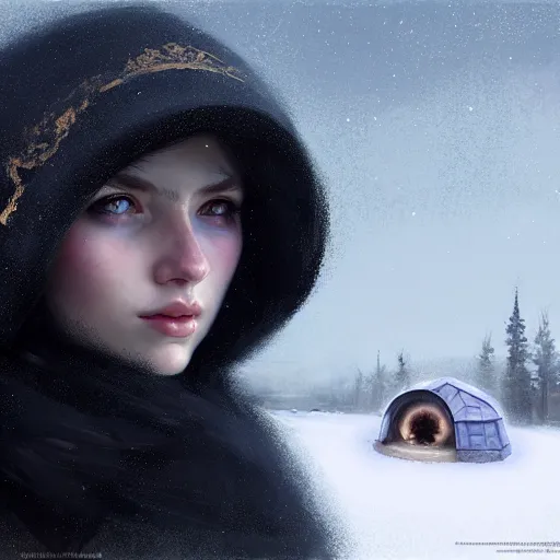 Image similar to young angry woman, beautiful girl, full body, cossak hat, in an igloo, realistic, serov, surikov, vasnetsov, repin, kramskoi, insanely detailed, charlie bowater, tom bagshaw, high resolution, octane rendered, unreal engine, illustration, trending on artstation, masterpiece, 8 k