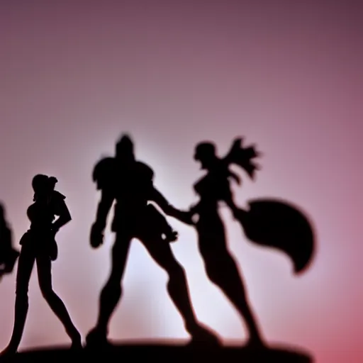 Image similar to a 2 8 mm macro photo of league of legends in silhouette in the 1 9 7 0 s, bokeh, canon 5 0 mm, cinematic lighting, dramatic, film, photography, golden hour, depth of field, award - winning, 3 5 mm film grain, low angle