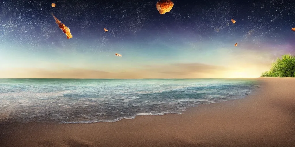 Image similar to Meteors falling on to a beach, photorealistic
