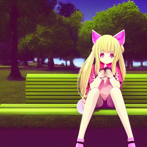 Image similar to 3 d photo of an anime girl with cat ears and long blond hair looking to her side, sitting on a bench with a park behind her, bokeh, shader, anime art style, highly detailed, cel - shaded, colorful, animated, trending