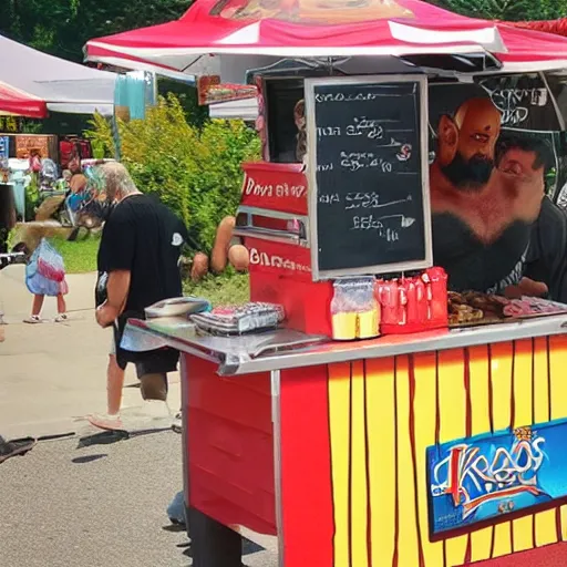 Image similar to Kratos running a hotdog stand in the summer