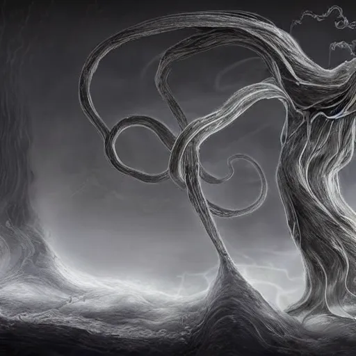 Image similar to concept designs for an ethereal ghostly wraith like figure made from wispy billowing smoke and sparks of electricity with a squid like parasite latched onto its head and long tentacle arms that flow lazily but gracefully at its sides like a cloak while it floats around a frozen rocky tundra in the snow searching for lost souls and that hides amongst the shadows in the trees, this character has hydrokinesis and electrokinesis for the resident evil village video game franchise with inspiration from bioshock the game franchise and Bloodborne and the mind flayer from stranger things on netflix in the style of a marvel comic