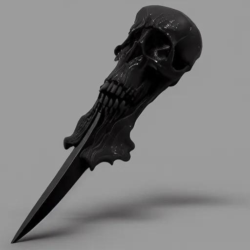 Image similar to a sharp black sword skull handle, ornament, on a gray background, a 3 d render by dom qwek, studio lighting, raytracing, trending on polycount, futurism, hard surface modeling, rendered in maya, 3 ss max, blender, artstation hd
