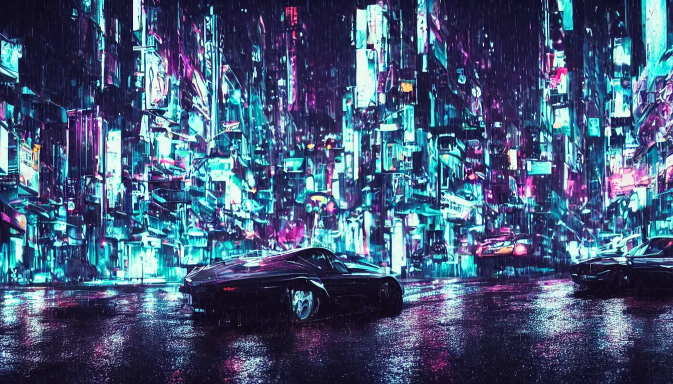 Image similar to real photo, night, rain, modern city street, a futuristic car, synthwave