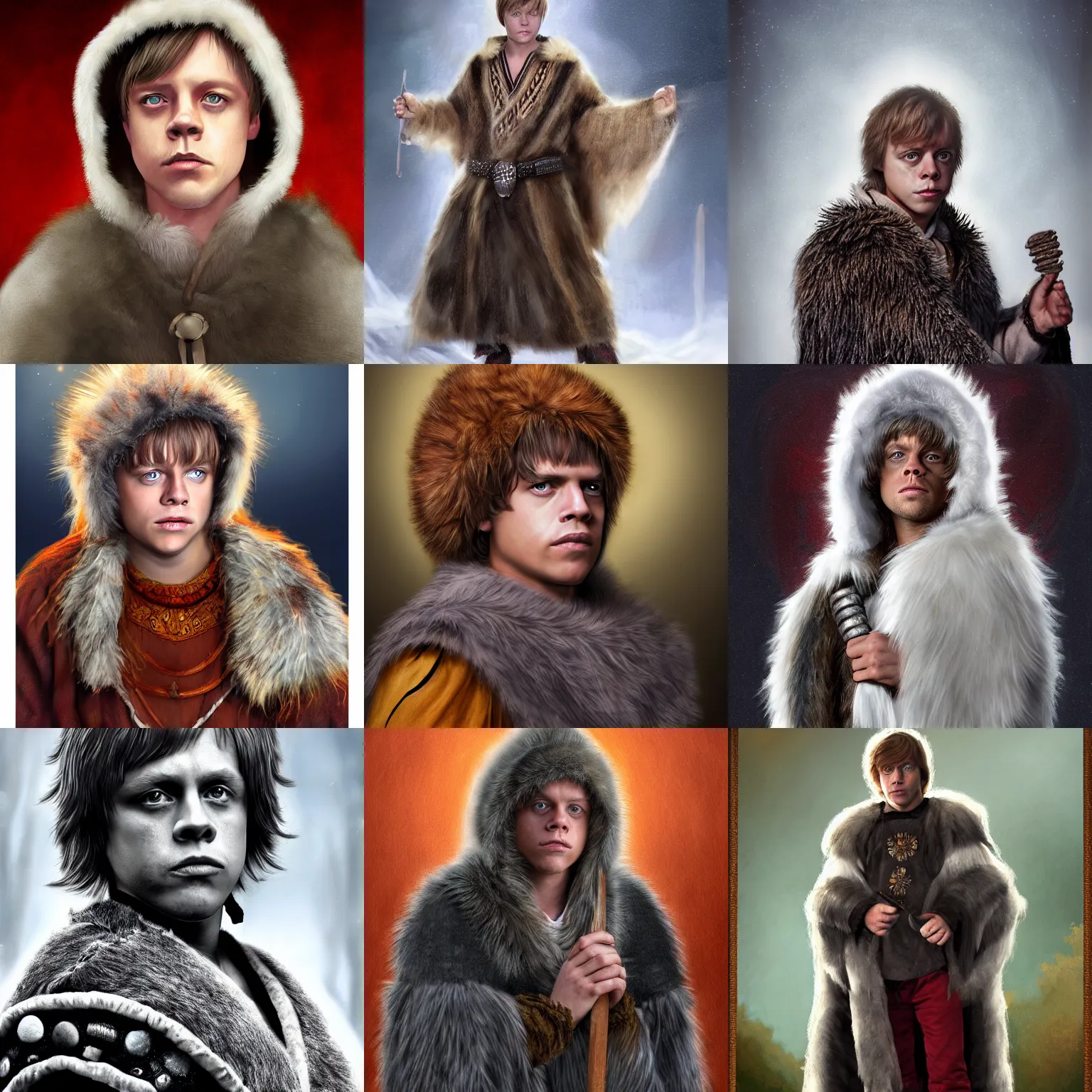 Prompt: Young Mark Hamill as Bjørn Skalldrasson, a young male shaman wearing a bearskin cloak festooned with trinkets and amulets, portrait, shaggy haircut, 8k resolution, full-length portrait, digital painting, fantasy illustration, D&D character art