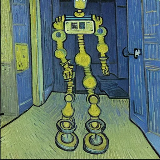 Prompt: A robot walking in the backrooms, painted by Vincent Van Gogh